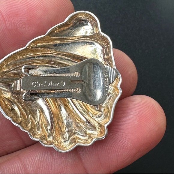 VTG Chr. DIOR Silver Tone Oversized Shell Clip Earrings - Picture 6 of 9